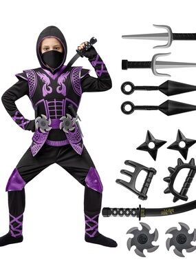 Purple Ninja Costume Set, Ninja Jumpsuit with Foam Accessories Size Large 10-12y